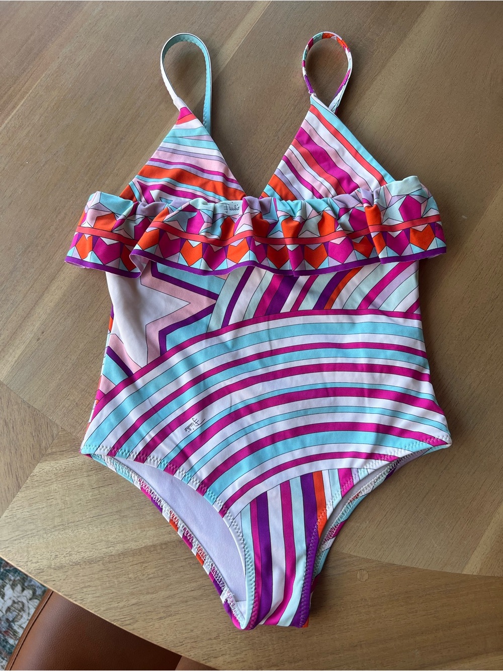 Emilio Pucci Pink, Purple, Orange & Aqua Stripe Ruffle One-Piece Swimsuit